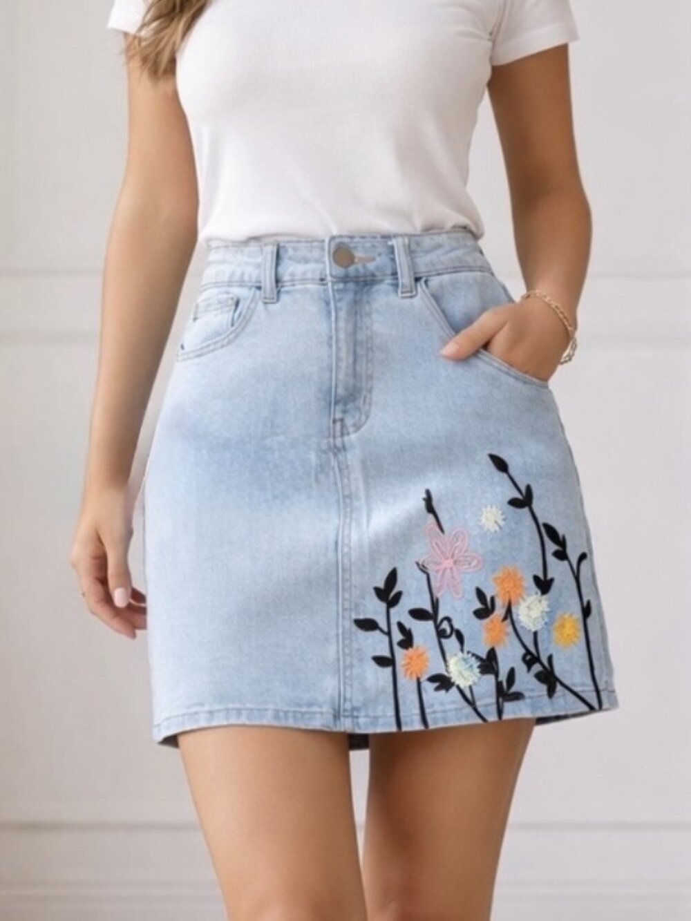 ASOS Denim Mini Skirt Light Blue size 6 Floral Embroidery Boho Y2K Cottagecore